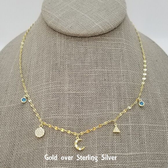 Celestial Necklace - Moon, Pyramid, Blue Crystals - Gold over Sterling Silver - Picture 2 of 5